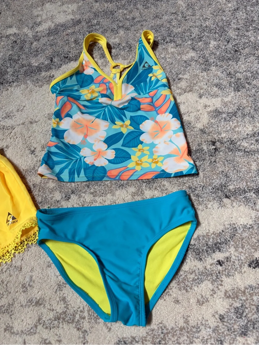 Girls' Tropical Blue Floral Tankini with Yellow Shorts